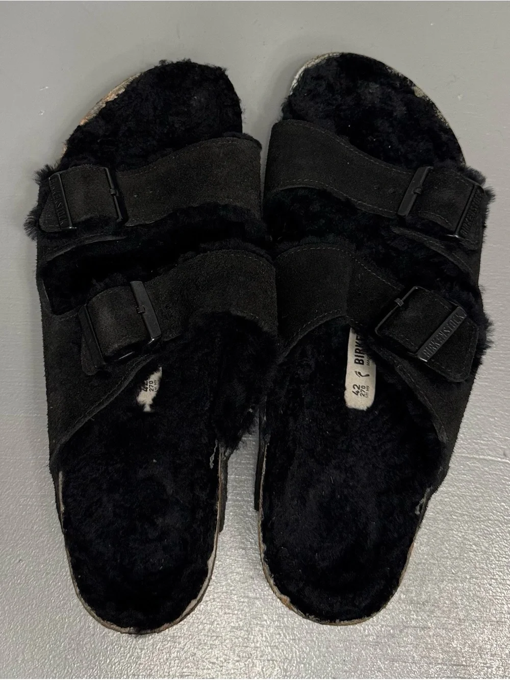 Birkenstock Black Shearling Suede Arizona Slide Sandals